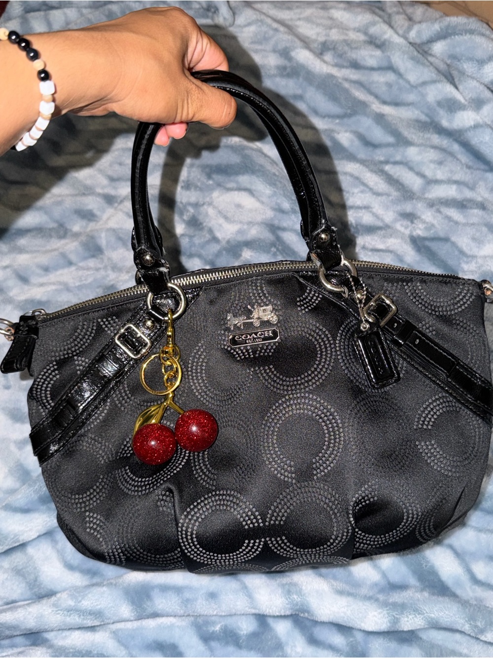 Coach Black Signature Satchel with Red Cherry Charm